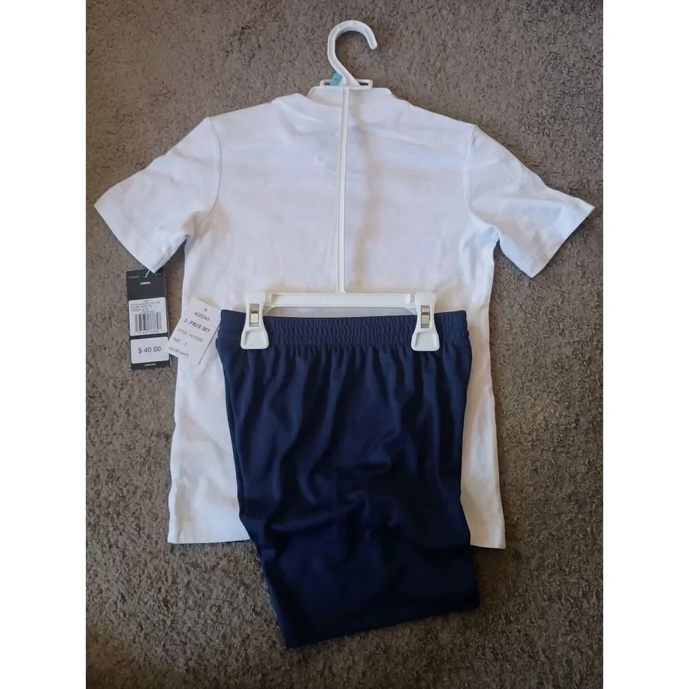 Adidas Boys Sports Short Set White/Blue Multiple Sizes  BRAND NEW WITH TAGS